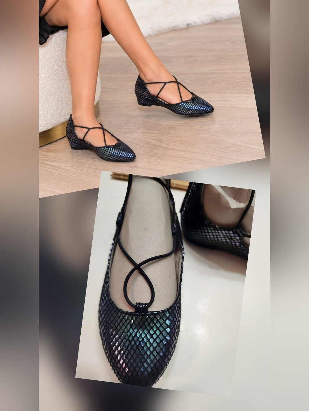 Madden Girl Pointed Toe Criss-Cross Ankle Strap Ballet Flats Metallic Iridescent
